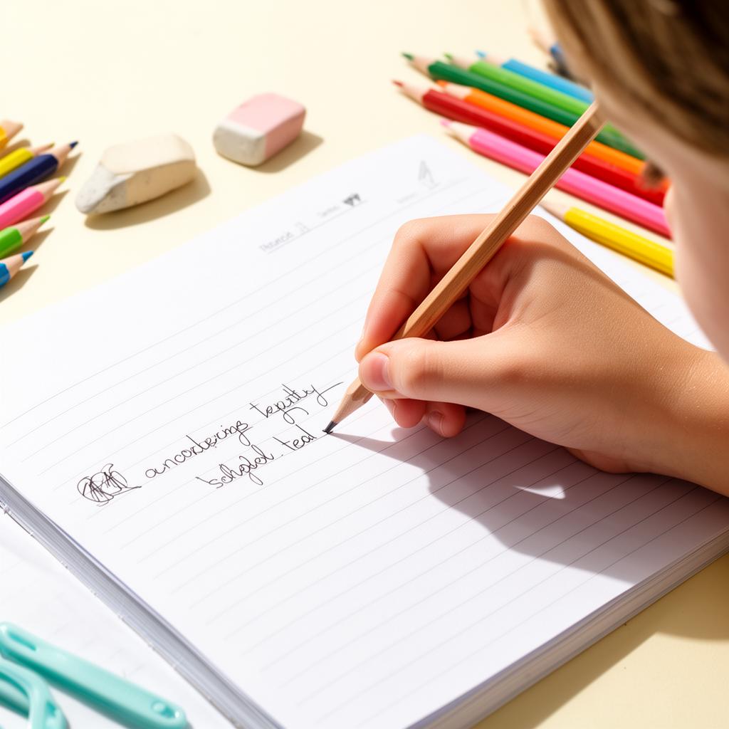 Caderno escolar infantil sendo escrito a lápis